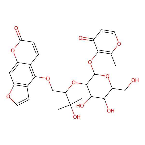 2D Structure of 4-[(2S)-2-[(2S,3R,4S,5S,6R)-4,5-dihydroxy-6-(hydroxymethyl)-2-(2-methyl-4-oxopyran-3-yl)oxyoxan-3-yl]oxy-3-hydroxy-3-methylbutoxy]furo[3,2-g]chromen-7-one