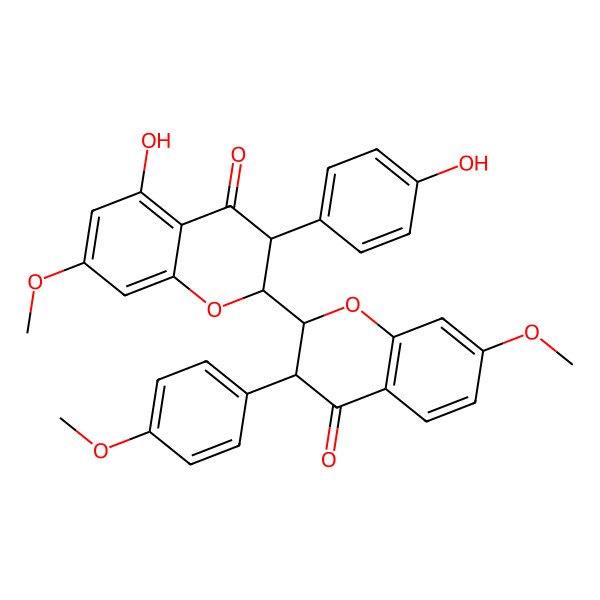 2D Structure of (2R,3S)-5-hydroxy-3-(4-hydroxyphenyl)-7-methoxy-2-[(2S,3R)-7-methoxy-3-(4-methoxyphenyl)-4-oxo-2,3-dihydrochromen-2-yl]-2,3-dihydrochromen-4-one
