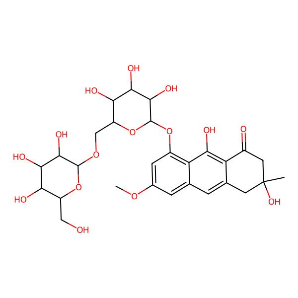 2D Structure of 3,9-Dihydroxy-6-methoxy-3-methyl-8-[3,4,5-trihydroxy-6-[[3,4,5-trihydroxy-6-(hydroxymethyl)oxan-2-yl]oxymethyl]oxan-2-yl]oxy-2,4-dihydroanthracen-1-one