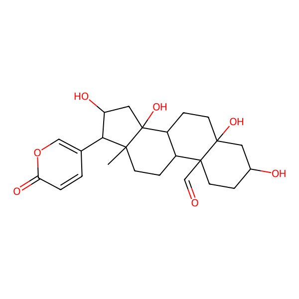 2D Structure of (3S,5S,8R,9S,10S,13R,14S,16S,17R)-3,5,14,16-tetrahydroxy-13-methyl-17-(6-oxopyran-3-yl)-2,3,4,6,7,8,9,11,12,15,16,17-dodecahydro-1H-cyclopenta[a]phenanthrene-10-carbaldehyde
