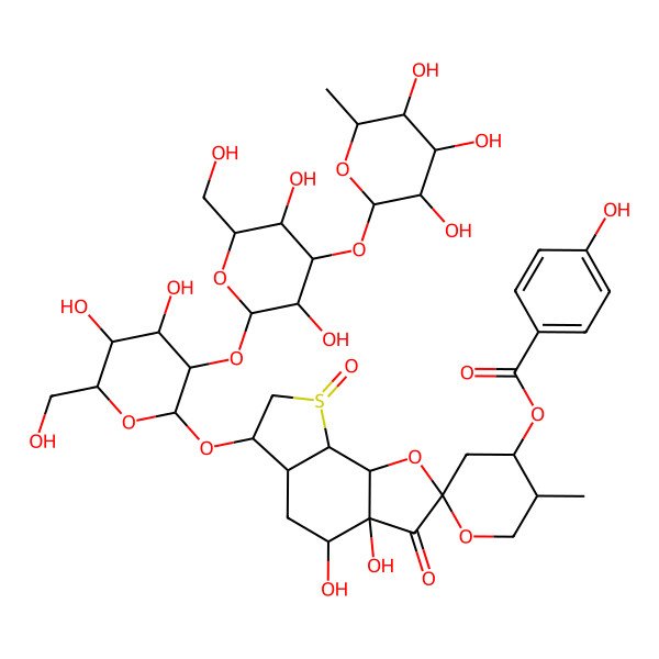 2D Structure of [(2R,3aR,4R,4'R,5'R,5aR,6R,8S,8aR,8bR)-6-[(2R,3S,4R,5R,6S)-3-[(2R,3S,4S,5R,6R)-3,5-dihydroxy-6-(hydroxymethyl)-4-[(2R,3S,4R,5R,6S)-3,4,5-trihydroxy-6-methyloxan-2-yl]oxyoxan-2-yl]oxy-4,5-dihydroxy-6-(hydroxymethyl)oxan-2-yl]oxy-3a,4-dihydroxy-5'-methyl-3,8-dioxospiro[5,5a,6,7,8a,8b-hexahydro-4H-thieno[3,2-g][1]benzofuran-2,2'-oxane]-4'-yl] 4-hydroxybenzoate