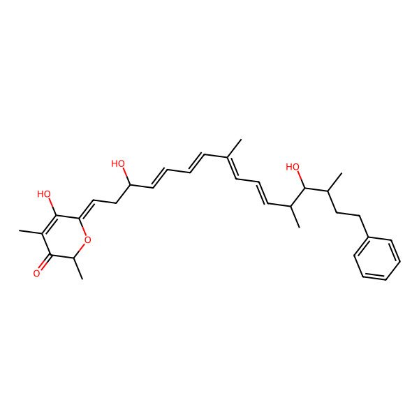 2D Structure of (6E)-6-[(4Z,6E,8E,10E)-3,13-dihydroxy-8,12,14-trimethyl-16-phenylhexadeca-4,6,8,10-tetraenylidene]-5-hydroxy-2,4-dimethylpyran-3-one
