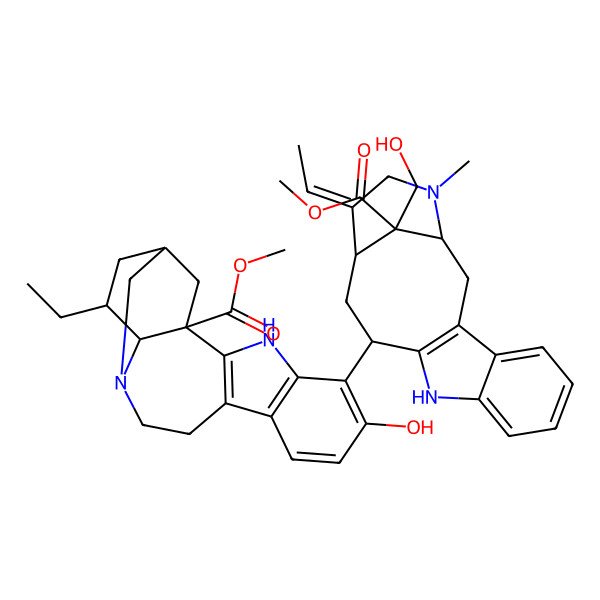 2D Structure of methyl (1S,15R,17S,18S)-17-ethyl-5-[(1S,12R,14S,15Z,18S)-15-ethylidene-18-(hydroxymethyl)-18-methoxycarbonyl-17-methyl-10,17-diazatetracyclo[12.3.1.03,11.04,9]octadeca-3(11),4,6,8-tetraen-12-yl]-6-hydroxy-3,13-diazapentacyclo[13.3.1.02,10.04,9.013,18]nonadeca-2(10),4(9),5,7-tetraene-1-carboxylate