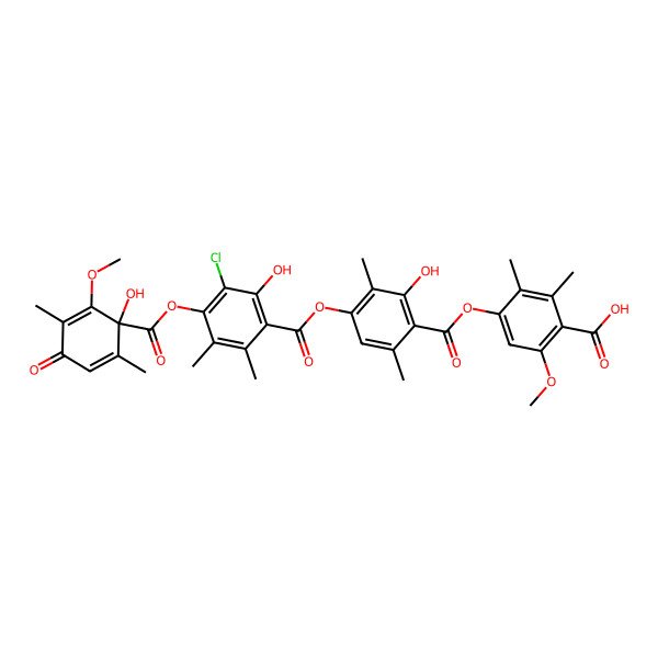 2D Structure of 4-[4-[3-Chloro-2-hydroxy-4-(1-hydroxy-2-methoxy-3,6-dimethyl-4-oxocyclohexa-2,5-diene-1-carbonyl)oxy-5,6-dimethylbenzoyl]oxy-2-hydroxy-3,6-dimethylbenzoyl]oxy-6-methoxy-2,3-dimethylbenzoic acid