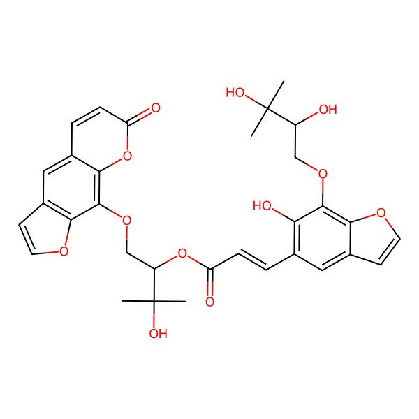 2D Structure of [3-Hydroxy-3-methyl-1-(7-oxofuro[3,2-g]chromen-9-yl)oxybutan-2-yl] 3-[7-(2,3-dihydroxy-3-methylbutoxy)-6-hydroxy-1-benzofuran-5-yl]prop-2-enoate
