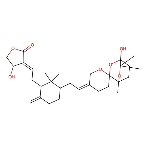 2D Structure of 4-Hydroxy-3-[2-[3-[2-(1-hydroxy-4,6,6-trimethylspiro[2,5-dioxabicyclo[2.2.2]octane-3,6'-oxane]-3'-ylidene)ethyl]-2,2-dimethyl-6-methylidenecyclohexyl]ethylidene]oxolan-2-one