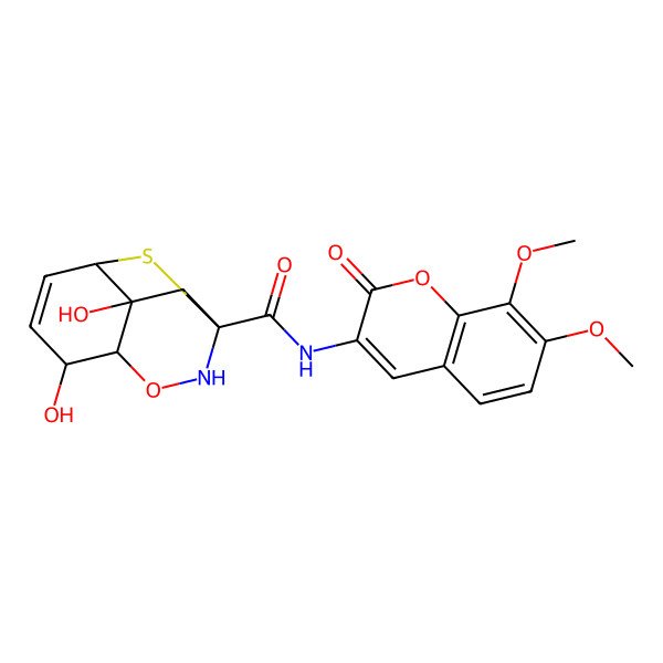 2D Structure of N-(7,8-dimethoxy-2-oxochromen-3-yl)-5,9-dihydroxy-3-oxa-11-thia-2-azatricyclo[6.2.1.04,9]undec-6-ene-1-carboxamide