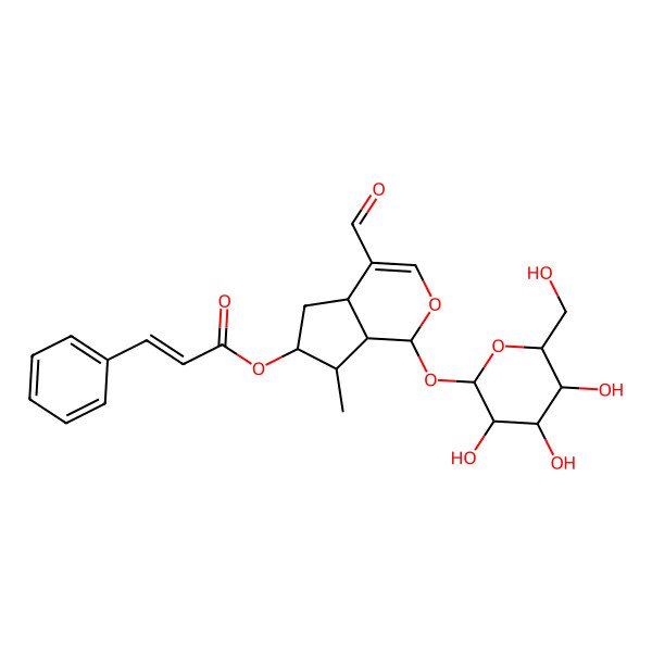 2D Structure of [4-Formyl-7-methyl-1-[3,4,5-trihydroxy-6-(hydroxymethyl)oxan-2-yl]oxy-1,4a,5,6,7,7a-hexahydrocyclopenta[c]pyran-6-yl] 3-phenylprop-2-enoate