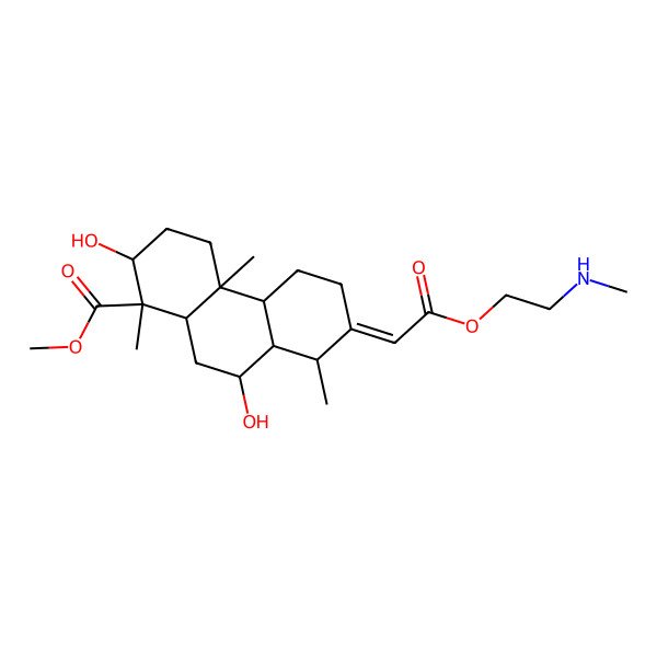 2D Structure of methyl (1R,2S,4aR,4bS,7E,8R,8aS,9S,10aR)-2,9-dihydroxy-1,4a,8-trimethyl-7-[2-[2-(methylamino)ethoxy]-2-oxoethylidene]-3,4,4b,5,6,8,8a,9,10,10a-decahydro-2H-phenanthrene-1-carboxylate