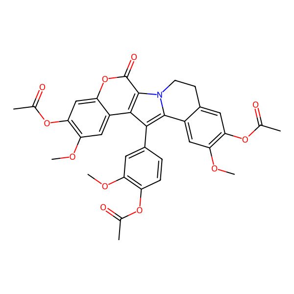 2D Structure of [4-(7,17-Diacetyloxy-8,16-dimethoxy-3-oxo-4-oxa-1-azapentacyclo[11.8.0.02,11.05,10.014,19]henicosa-2(11),5,7,9,12,14,16,18-octaen-12-yl)-2-methoxyphenyl] acetate