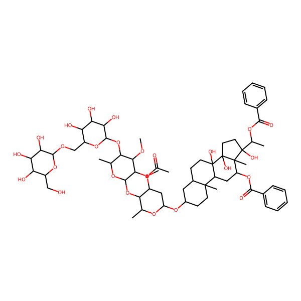 2D Structure of [(3S,5S,8S,9R,10S,12R,13R,14R,17S)-3-[(2R,4S,5R,6R)-5-[(2S,3R,4S,5R,6R)-3-acetyloxy-4-methoxy-6-methyl-5-[(2S,3R,4S,5S,6R)-3,4,5-trihydroxy-6-[[(2R,3R,4S,5S,6R)-3,4,5-trihydroxy-6-(hydroxymethyl)oxan-2-yl]oxymethyl]oxan-2-yl]oxyoxan-2-yl]oxy-4-methoxy-6-methyloxan-2-yl]oxy-17-[(1S)-1-benzoyloxyethyl]-8,14,17-trihydroxy-10,13-dimethyl-1,2,3,4,5,6,7,9,11,12,15,16-dodecahydrocyclopenta[a]phenanthren-12-yl] benzoate