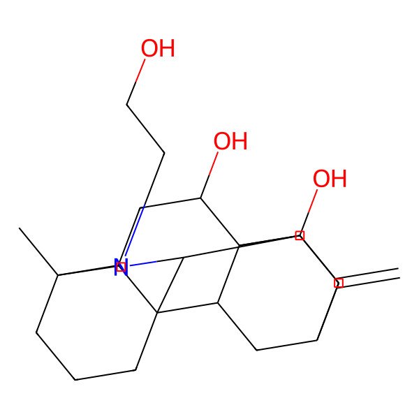 2D Structure of (1S,5R,8R,9S,11R,13R,14S,15S,17R,18S)-7-(2-hydroxyethyl)-5-methyl-12-methylidene-7-azahexacyclo[9.6.2.01,8.05,17.09,14.014,18]nonadecane-13,15-diol