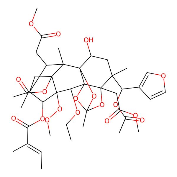 2D Structure of [(1R,2R,5S,9S,13S,14R,18S)-3-acetyloxy-14-[(R)-acetyloxy(furan-3-yl)methyl]-8-ethoxy-16-hydroxy-13,18-bis(2-methoxy-2-oxoethyl)-2,5,11,14-tetramethyl-7-methylperoxy-10,12,17-trioxahexacyclo[9.5.1.12,5.01,9.03,7.09,13]octadecan-6-yl] (E)-2-methylbut-2-enoate