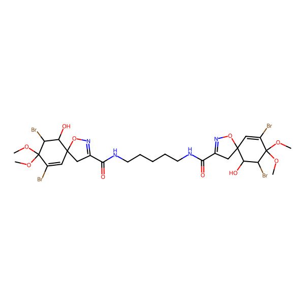 2D Structure of (5S,6R,7S)-7,9-dibromo-N-[5-[[(5S,6R,7S)-7,9-dibromo-6-hydroxy-8,8-dimethoxy-1-oxa-2-azaspiro[4.5]deca-2,9-diene-3-carbonyl]amino]pentyl]-6-hydroxy-8,8-dimethoxy-1-oxa-2-azaspiro[4.5]deca-2,9-diene-3-carboxamide