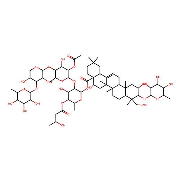 2D Structure of [(2S,3R,4S,5R,6R)-3-[(2S,3R,4R,5R,6S)-3-acetyloxy-5-[(2S,3R,4S,5R)-3,5-dihydroxy-4-[(2S,3R,4R,5R,6S)-3,4,5-trihydroxy-6-methyloxan-2-yl]oxyoxan-2-yl]oxy-4-hydroxy-6-methyloxan-2-yl]oxy-4-hydroxy-5-[(3S)-3-hydroxybutanoyl]oxy-6-methyloxan-2-yl] (4aR,5R,6aR,6aS,6bR,8aR,9R,10R,11S,12aR,14bS)-5,11-dihydroxy-9-(hydroxymethyl)-2,2,6a,6b,9,12a-hexamethyl-10-[(2S,3R,4R,5R,6S)-3,4,5-trihydroxy-6-methyloxan-2-yl]oxy-1,3,4,5,6,6a,7,8,8a,10,11,12,13,14b-tetradecahydropicene-4a-carboxylate