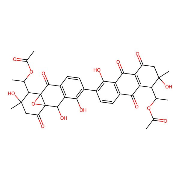 2D Structure of [(1R)-1-[(1S,2S)-6-[(1R,2R,10R,11S,12S)-11-[(1R)-1-acetyloxyethyl]-2,4,12-trihydroxy-12-methyl-9,14-dioxo-15-oxatetracyclo[8.4.1.01,10.03,8]pentadeca-3(8),4,6-trien-5-yl]-2,5-dihydroxy-2-methyl-4,9,10-trioxo-1,3-dihydroanthracen-1-yl]ethyl] acetate