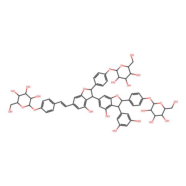 2D Structure of (2S,3S,4R,5R,6R)-2-[4-[(E)-2-[(2S,3S)-3-[(2S,3S)-3-(3,5-dihydroxyphenyl)-4-hydroxy-2-[4-[(2R,3R,4S,5S,6R)-3,4,5-trihydroxy-6-(hydroxymethyl)oxan-2-yl]oxyphenyl]-2,3-dihydro-1-benzofuran-6-yl]-4-hydroxy-2-[4-[(2R,3R,4S,5S,6R)-3,4,5-trihydroxy-6-(hydroxymethyl)oxan-2-yl]oxyphenyl]-2,3-dihydro-1-benzofuran-6-yl]ethenyl]phenoxy]-6-(hydroxymethyl)oxane-3,4,5-triol