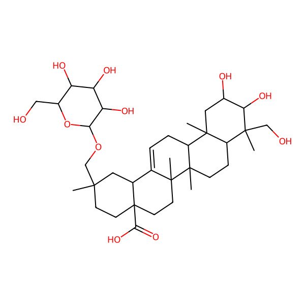 2D Structure of (2R,4aR,6aR,6aS,6bR,8aR,9R,10R,11R,12aR,14bS)-10,11-dihydroxy-9-(hydroxymethyl)-2,6a,6b,9,12a-pentamethyl-2-[[(2R,3R,4S,5S,6R)-3,4,5-trihydroxy-6-(hydroxymethyl)oxan-2-yl]oxymethyl]-1,3,4,5,6,6a,7,8,8a,10,11,12,13,14b-tetradecahydropicene-4a-carboxylic acid