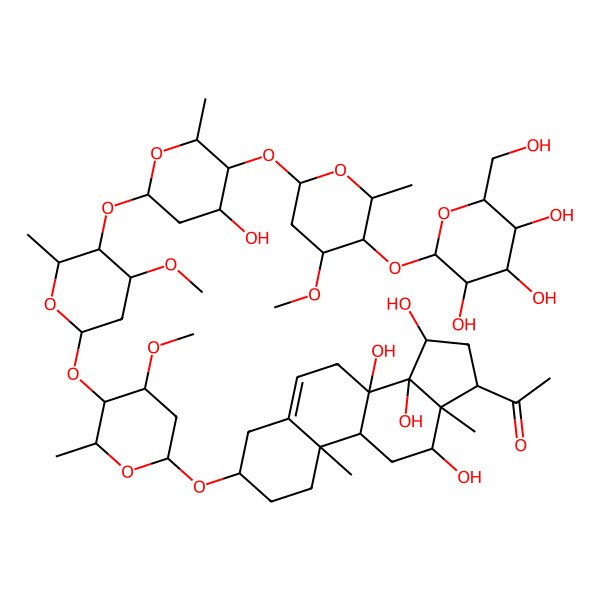 2D Structure of 1-[(3S,8S,9R,10R,12R,13S,14S,15R,17R)-8,12,14,15-tetrahydroxy-3-[(2R,4S,5R,6R)-5-[(2S,4S,5R,6R)-5-[(2S,4S,5S,6R)-4-hydroxy-5-[(2S,4R,5R,6R)-4-methoxy-6-methyl-5-[(2S,3R,4R,5S,6R)-3,4,5-trihydroxy-6-(hydroxymethyl)oxan-2-yl]oxyoxan-2-yl]oxy-6-methyloxan-2-yl]oxy-4-methoxy-6-methyloxan-2-yl]oxy-4-methoxy-6-methyloxan-2-yl]oxy-10,13-dimethyl-2,3,4,7,9,11,12,15,16,17-decahydro-1H-cyclopenta[a]phenanthren-17-yl]ethanone