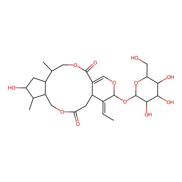 2D Structure of 16-Ethylidene-8-hydroxy-5,9-dimethyl-17-[3,4,5-trihydroxy-6-(hydroxymethyl)oxan-2-yl]oxy-3,12,18-trioxatricyclo[13.4.0.06,10]nonadec-1(19)-ene-2,13-dione