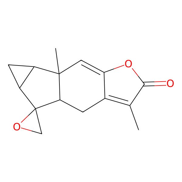 2D Structure of (1R,9R,10R,12S,13R)-4,9-dimethylspiro[6-oxatetracyclo[7.4.0.03,7.010,12]trideca-3,7-diene-13,2'-oxirane]-5-one