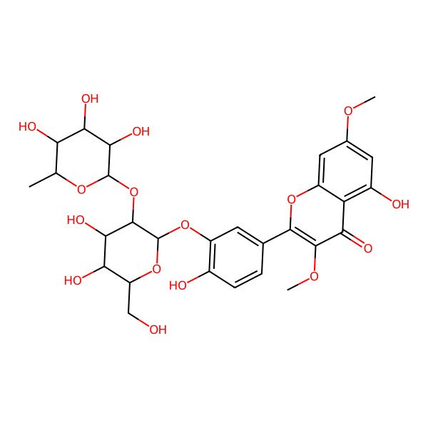2D Structure of 2-[3-[(2S,3R,4S,5R,6R)-4,5-dihydroxy-6-(hydroxymethyl)-3-[(2S,3S,4R,5R,6S)-3,4,5-trihydroxy-6-methyloxan-2-yl]oxyoxan-2-yl]oxy-4-hydroxyphenyl]-5-hydroxy-3,7-dimethoxychromen-4-one