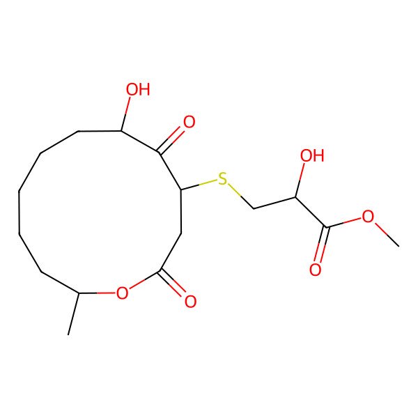 2D Structure of methyl (2S)-2-hydroxy-3-[[(4R,6R,12S)-6-hydroxy-12-methyl-2,5-dioxo-oxacyclododec-4-yl]sulfanyl]propanoate