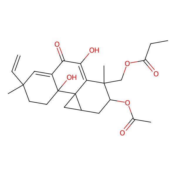 2D Structure of (12-Acetyloxy-5-ethenyl-2,9-dihydroxy-5,11-dimethyl-8-oxo-11-tetracyclo[8.5.0.01,14.02,7]pentadeca-6,9-dienyl)methyl propanoate