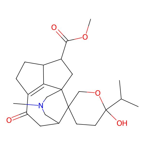 2D Structure of methyl (1R,2'R,5S,11R,12R,15R)-2'-hydroxy-3-methyl-7-oxo-2'-propan-2-ylspiro[3-azatetracyclo[6.5.1.11,5.011,14]pentadec-8(14)-ene-15,5'-oxane]-12-carboxylate