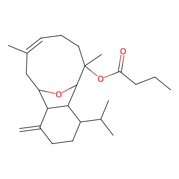 2D Structure of [(1R,2R,6R,7R,8R,9R,12Z)-9,13-dimethyl-3-methylidene-6-propan-2-yl-15-oxatricyclo[6.6.1.02,7]pentadec-12-en-9-yl] butanoate