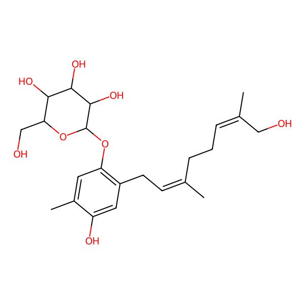 2D Structure of (2S,3R,4R,5R,6S)-2-[4-hydroxy-2-[(2Z,6E)-8-hydroxy-3,7-dimethylocta-2,6-dienyl]-5-methylphenoxy]-6-(hydroxymethyl)oxane-3,4,5-triol