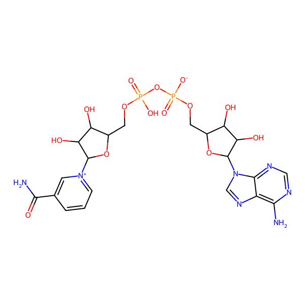 2D Structure of [(2R,3S,4S,5R)-5-(6-aminopurin-9-yl)-3,4-dihydroxyoxolan-2-yl]methyl [[(2R,3R,4S,5R)-5-(3-carbamoylpyridin-1-ium-1-yl)-3,4-dihydroxyoxolan-2-yl]methoxy-hydroxyphosphoryl] phosphate