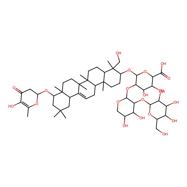 2D Structure of (3I(2),4I(2),22I(2))-22-[[(2R)-3,4-Dihydro-5-hydroxy-6-methyl-4-oxo-2H-pyran-2-yl]oxy]-23-hydroxyolean-12-en-3-yl O-I(2)-D-glucopyranosyl-(1a2)-O-I+/--L-arabinopyranosyl-(1a2)-I(2)-D-glucopyranosiduronic acid