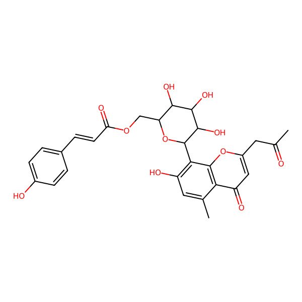 2D Structure of [(3S,4R,5R,6S)-3,4,5-trihydroxy-6-[7-hydroxy-5-methyl-4-oxo-2-(2-oxopropyl)chromen-8-yl]oxan-2-yl]methyl (E)-3-(4-hydroxyphenyl)prop-2-enoate