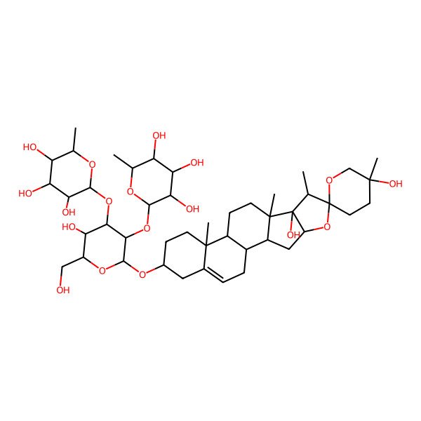 2D Structure of 2-[2-(5',8-Dihydroxy-5',7,9,13-tetramethylspiro[5-oxapentacyclo[10.8.0.02,9.04,8.013,18]icos-18-ene-6,2'-oxane]-16-yl)oxy-5-hydroxy-6-(hydroxymethyl)-3-(3,4,5-trihydroxy-6-methyloxan-2-yl)oxyoxan-4-yl]oxy-6-methyloxane-3,4,5-triol