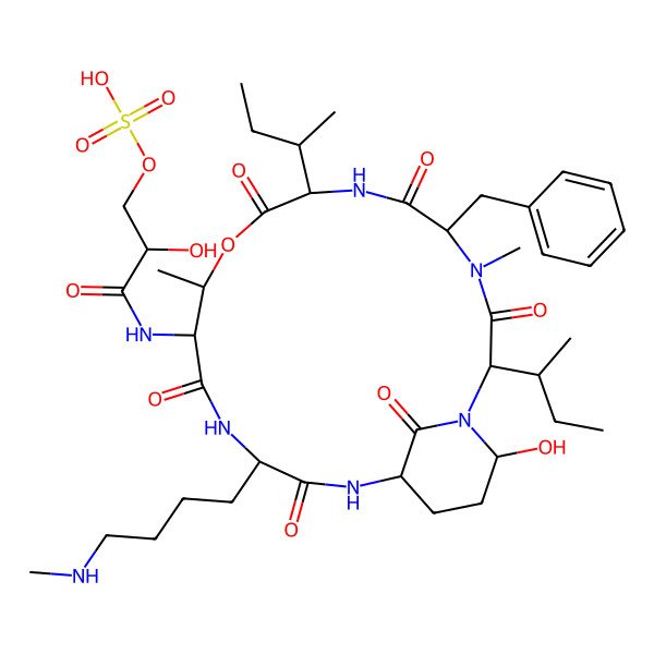 2D Structure of [3-[[5-Benzyl-2,8-di(butan-2-yl)-21-hydroxy-4,11-dimethyl-15-[4-(methylamino)butyl]-3,6,9,13,16,22-hexaoxo-10-oxa-1,4,7,14,17-pentazabicyclo[16.3.1]docosan-12-yl]amino]-2-hydroxy-3-oxopropyl] hydrogen sulfate