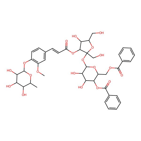 2D Structure of [(2R,3S,4R,5R,6R)-3-benzoyloxy-4,5-dihydroxy-6-[(2S,3S,4R,5R)-4-hydroxy-2,5-bis(hydroxymethyl)-3-[(E)-3-[3-methoxy-4-[(2S,3R,4R,5R,6S)-3,4,5-trihydroxy-6-methyloxan-2-yl]oxyphenyl]prop-2-enoyl]oxyoxolan-2-yl]oxyoxan-2-yl]methyl benzoate