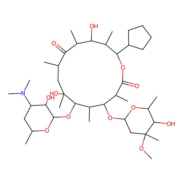 2D Structure of 14-Cyclopentyl-6-[4-(dimethylamino)-3-hydroxy-6-methyloxan-2-yl]oxy-7,12-dihydroxy-4-(5-hydroxy-4-methoxy-4,6-dimethyloxan-2-yl)oxy-3,5,7,9,11,13-hexamethyl-oxacyclotetradecane-2,10-dione
