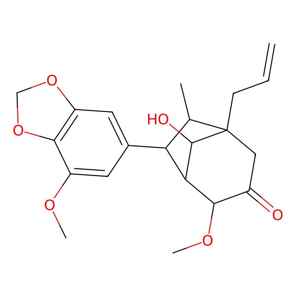 2D Structure of (1R,4R,5S,6R,7R,8S)-8-hydroxy-4-methoxy-6-(7-methoxy-1,3-benzodioxol-5-yl)-7-methyl-1-prop-2-enylbicyclo[3.2.1]octan-3-one