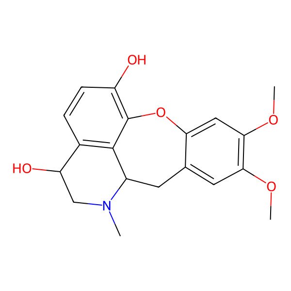 2D Structure of 5,6-Dimethoxy-11-methyl-2-oxa-11-azatetracyclo[8.7.1.03,8.014,18]octadeca-1(17),3,5,7,14(18),15-hexaene-13,17-diol