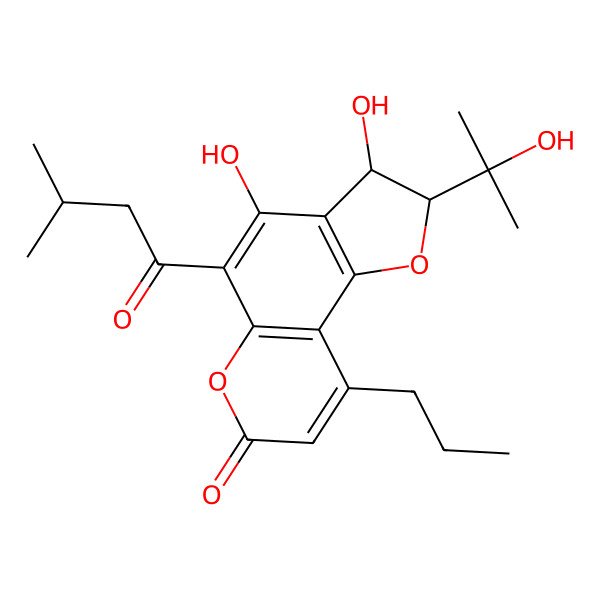 2D Structure of (2S,3S)-3,4-dihydroxy-2-(2-hydroxypropan-2-yl)-5-(3-methylbutanoyl)-9-propyl-2,3-dihydrofuro[2,3-f]chromen-7-one