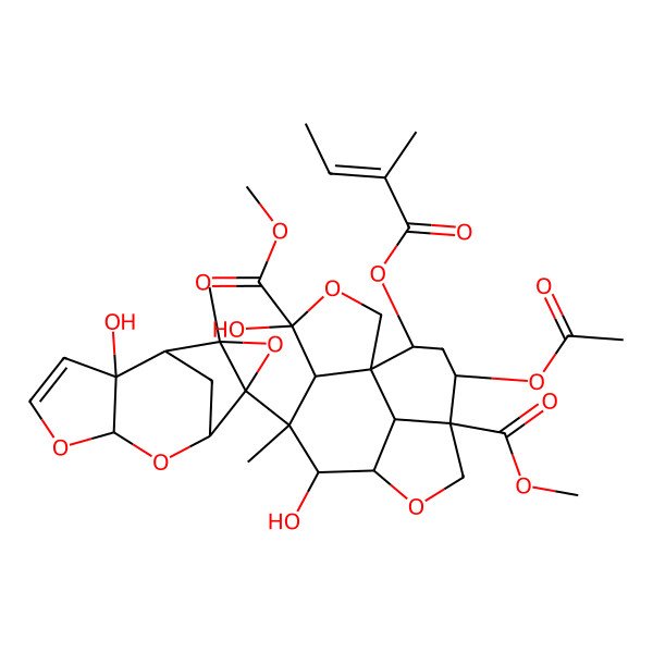 2D Structure of Dimethyl 12-acetyloxy-4,7-dihydroxy-6-(2-hydroxy-11-methyl-5,7,10-trioxatetracyclo[6.3.1.02,6.09,11]dodec-3-en-9-yl)-6-methyl-14-(2-methylbut-2-enoyloxy)-3,9-dioxatetracyclo[6.6.1.01,5.011,15]pentadecane-4,11-dicarboxylate