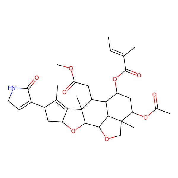 2D Structure of [14-Acetyloxy-10-(2-methoxy-2-oxoethyl)-7,9,11,15-tetramethyl-6-(5-oxo-1,2-dihydropyrrol-4-yl)-3,17-dioxapentacyclo[9.6.1.02,9.04,8.015,18]octadec-7-en-12-yl] 2-methylbut-2-enoate