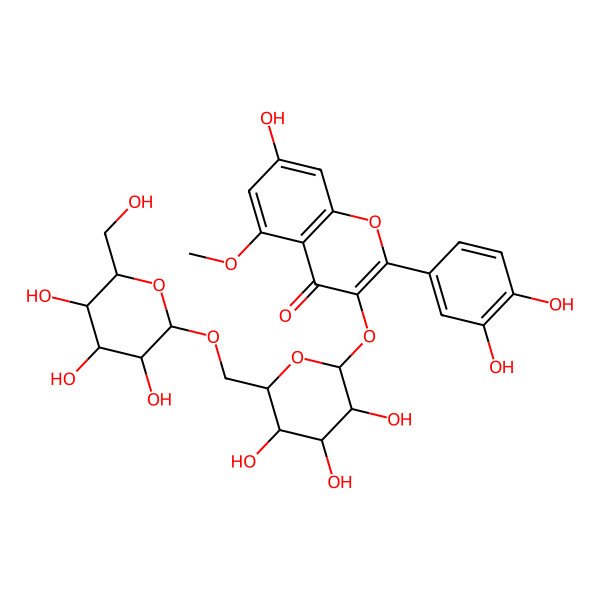 2D Structure of 2-(3,4-dihydroxyphenyl)-7-hydroxy-5-methoxy-3-[(2S,3R,4S,5S,6R)-3,4,5-trihydroxy-6-[[(2S,3S,4R,5R,6S)-3,4,5-trihydroxy-6-(hydroxymethyl)oxan-2-yl]oxymethyl]oxan-2-yl]oxychromen-4-one
