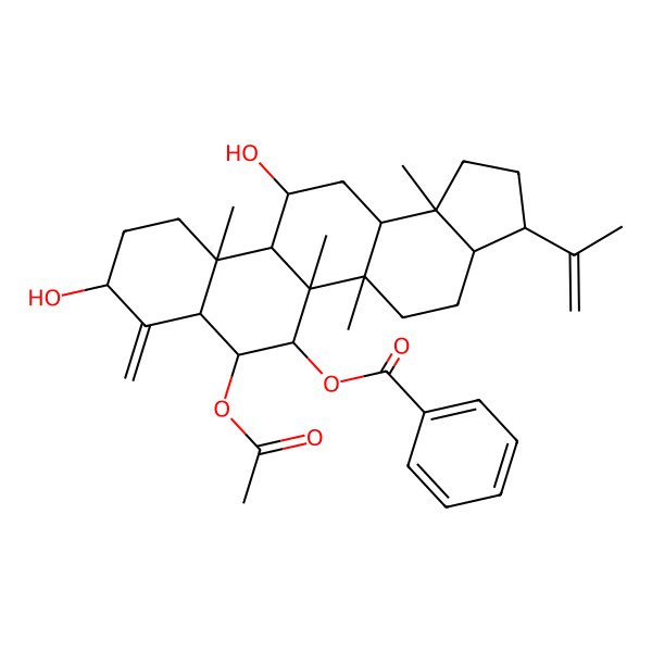 2D Structure of (7-Acetyloxy-9,12-dihydroxy-5a,5b,11a,13b-tetramethyl-8-methylidene-3-prop-1-en-2-yl-1,2,3,3a,4,5,6,7,7a,9,10,11,11b,12,13,13a-hexadecahydrocyclopenta[a]chrysen-6-yl) benzoate