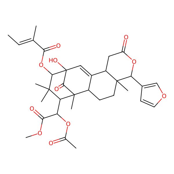2D Structure of [(1R,5R,6R,13R,16S)-16-[(1R)-1-acetyloxy-2-methoxy-2-oxoethyl]-6-(furan-3-yl)-13-hydroxy-1,5,15,15-tetramethyl-8,17-dioxo-7-oxatetracyclo[11.3.1.02,11.05,10]heptadec-11-en-14-yl] (E)-2-methylbut-2-enoate