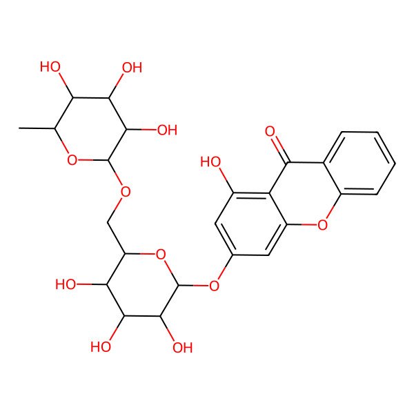 2D Structure of 1-hydroxy-3-[(2S,3R,4S,5S,6R)-3,4,5-trihydroxy-6-[[(2R,3R,4R,5R,6S)-3,4,5-trihydroxy-6-methyloxan-2-yl]oxymethyl]oxan-2-yl]oxyxanthen-9-one