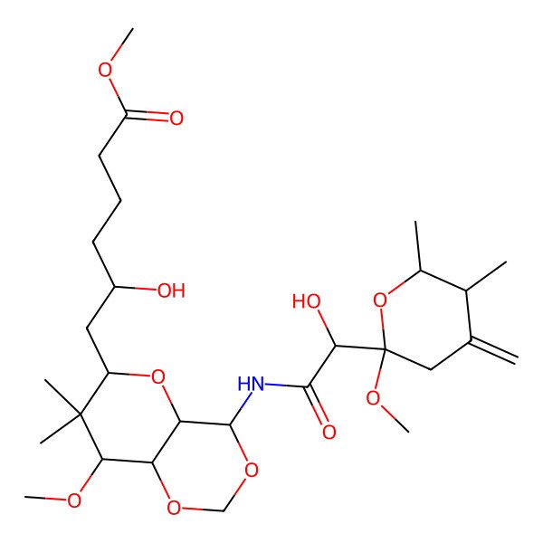 2D Structure of (R)-Methyl 5-hydroxy-6-((4S,4aS,6R,8S,8aR)-4-((S)-2-hydroxy-2-((2R,5R,6R)-2-methoxy-5,6-dimethyl-4-methylenetetrahydro-2H-pyran-2-yl)acetamido)-8-methoxy-7,7-dimethylhexahydropyrano[3,2-d][1,3]dioxin-6-yl)hexanoate