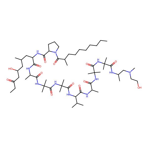 2D Structure of (2R)-N-[(2S,4S,6S)-6-hydroxy-1-[[(2S)-1-[[1-[[1-[[(2S)-1-[[(2S)-1-[[1-[[1-[[(2S)-1-[2-hydroxyethyl(methyl)amino]propan-2-yl]amino]-2-methyl-1-oxopropan-2-yl]amino]-2-methyl-1-oxopropan-2-yl]amino]-1-oxopropan-2-yl]amino]-3-methyl-1-oxobutan-2-yl]amino]-2-methyl-1-oxopropan-2-yl]amino]-2-methyl-1-oxopropan-2-yl]amino]-1-oxopropan-2-yl]amino]-4-methyl-1,8-dioxodecan-2-yl]-1-[(2R)-2-methyldecanoyl]pyrrolidine-2-carboxamide
