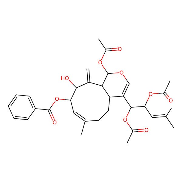 2D Structure of [(1R,4aS,7E,9S,10S,11aR)-1-acetyloxy-4-[(1S,2R)-1,2-diacetyloxy-4-methylpent-3-enyl]-10-hydroxy-7-methyl-11-methylidene-4a,5,6,9,10,11a-hexahydro-1H-cyclonona[c]pyran-9-yl] benzoate